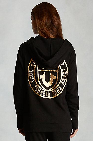 True Religion Boyfriend Logo Crest Zip Womens Hoodie - Black