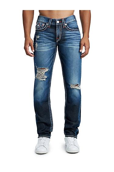 Men's Slim Fit Red Big T Jean | Fehd Midnight Seeker Rips | Size 27 | True Religion