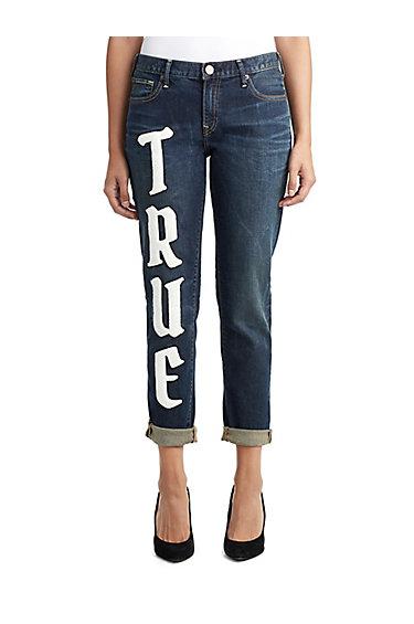 Womens Chenille Varsity Patch Cameron Boyfriend Jean | Navy Burst | Size 24 | True Religion