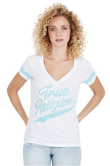 Tr Athletic Deep V Womens Tee | White | Size X Small | True Religion