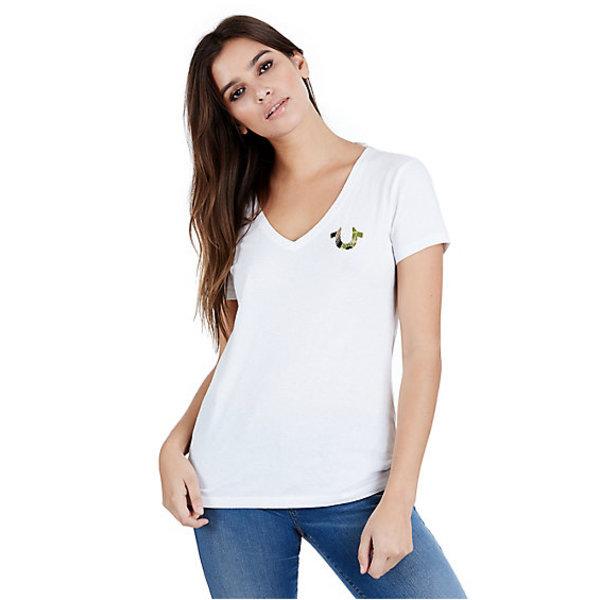 Camo True Womens V Neck Tee | White | Size X Small | True Religion