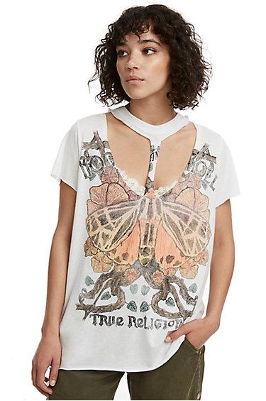 Moth Crew Neck Womens Tee | White | Size X Small | True Religion