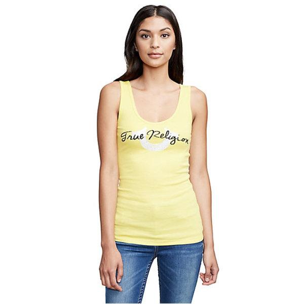 Women's Tr Script Horseshoe Rib Tank Top | Canary | Size X Small | True Religion