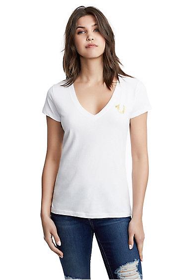 Women's Arch Buddha Deep V Neck Tee | White | Size Xx Small | True Religion