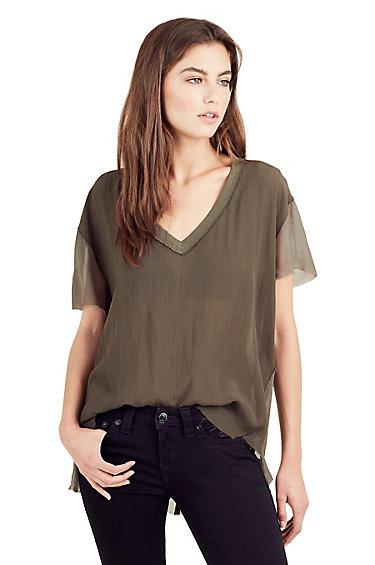 Womens Sheer Georgette Top | Military Green | Size X Small | True Religion