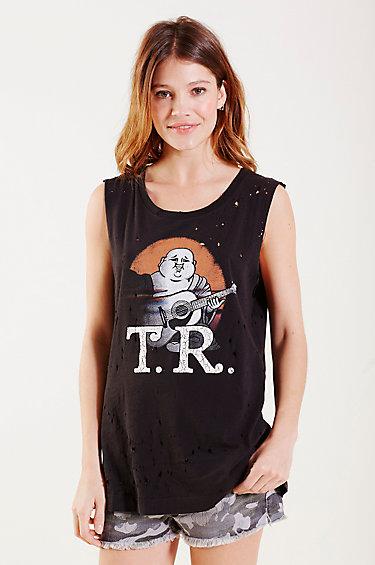 True Religion Distressed Buddha Womens Muscle Tee - Black