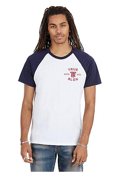 Home Run Raglan Shirt Mens Tee | White/navy | Size Small | True Religion