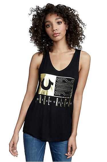 Women's V Neck Racer Back Tank Top | Black | Size Xx Small | True Religion