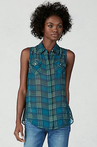 Georgia Plaid Womens Shirt | Tourmaline  | Size Large | True Religion