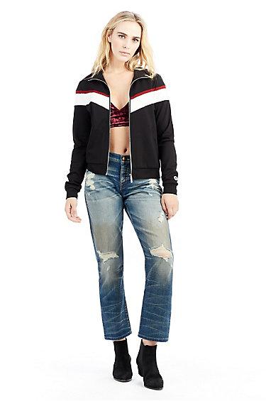 Womens Retro Stripe Track Jacket | Black | Size X Small | True Religion