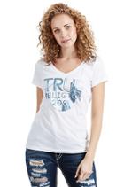 Split Horseshoe Foil Rounded V Womens Tee | White | Size Small | True Religion