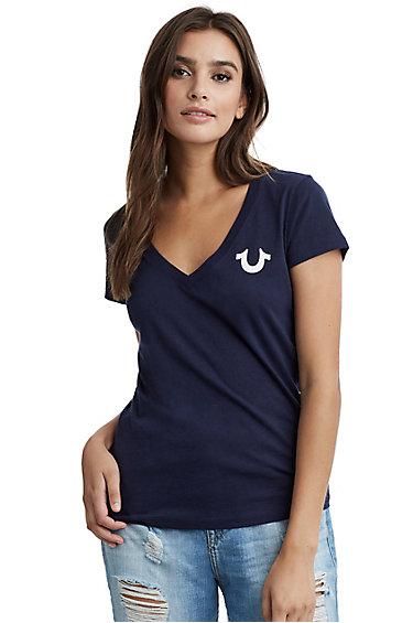 Women's Arch Buddha Deep V Neck Tee | Navy | Size Xx Small | True Religion