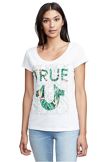 Women's Tropical True Rounded V Neck Tee | White | Size Xx Small | True Religion