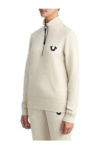 Womens Crystal Embellished Buddha Fleece Pullover | Heather Oat | Size X Small | True Religion