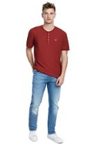 Mens Raw Edge Waffle Mens Henley | Ruby Red | Size Small | True Religion