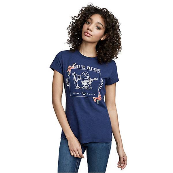 Women's Floral Buddha Crew Tee | Navy | Size Small | True Religion