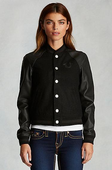 True Religion Handpicked Applique Varsity Jacket - Black / Charcoal