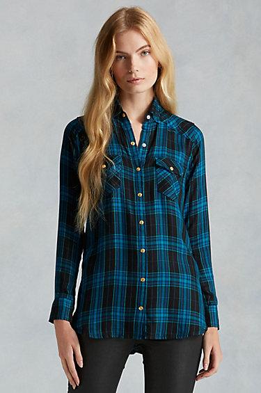 True Religion Georgia Plaid Zip Womens Shirt - Green