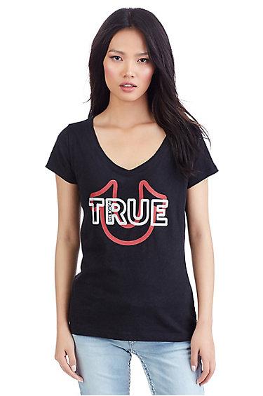 True Bold Crystal Horseshoe Womens Tee | Black | Size Large | True Religion