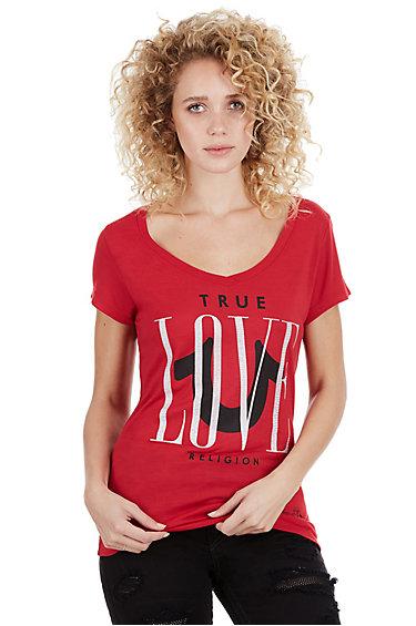 Love Rounded V Neck Womens Tee | Ruby Red | Size X Small | True Religion