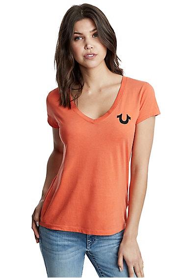 Classic Logo Deep V Neck Womens Tee | Monarch | Size X Small | True Religion
