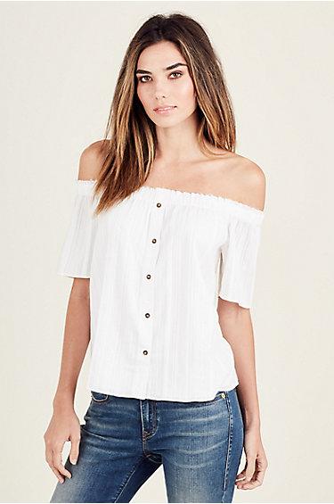 Dobby Off The Shoulder Womens Top | True White | Size Small | True Religion
