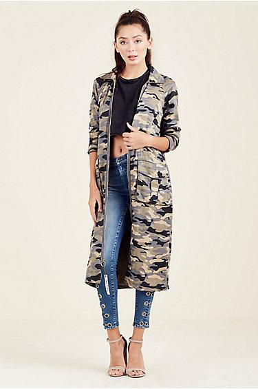 Womens Camo Longline Trench Coat | Olive/oatmea | Size X Small | True Religion