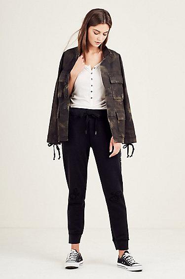 Distressed Skinny Crop Womens Jogger | Black | Size X Small | True Religion