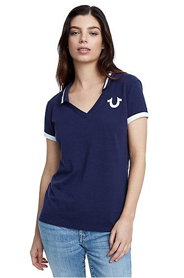 Women's True Champ Deep V Polo Shirt | Navy | Size X Small | True Religion