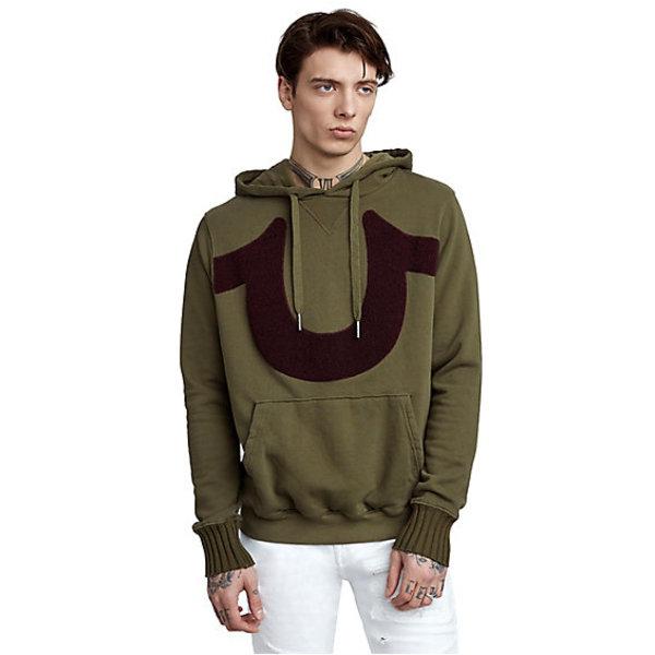 Horseshoe Mens Pullover Hoodie | Military Green | Size Small | True Religion