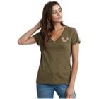 Womens Metallic Puff Print Tee | Military Green | Size Small | True Religion