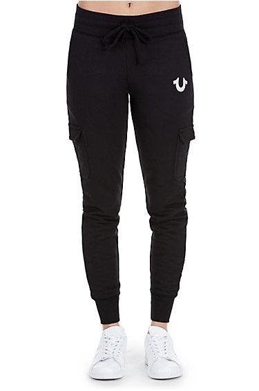 Crystal Horseshoe Cargo Jogger Womens Pant | Black | Size Medium | True Religion