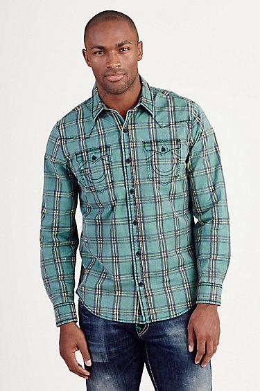 True Religion Plaid Western Mens Shirt - Olive