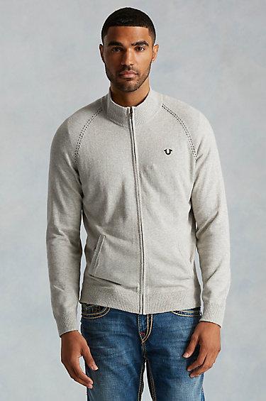 True Religion Mens Ls Raglan Zip Up Mens Sweater - Light Grey