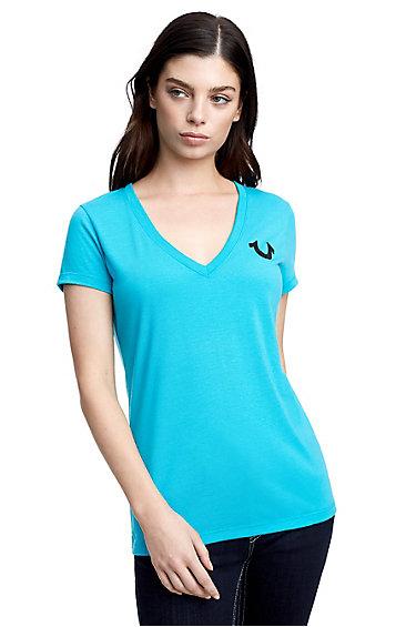 Classic Logo Deep V Neck Womens Tee | Blue | Size X Small | True Religion