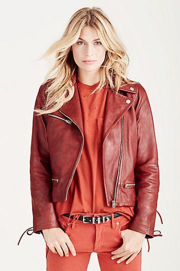 True Religion Lace Up Leather Moto Womens Jacket - Red