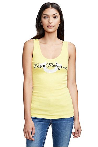 Women's Tr Script Horseshoe Rib Tank Top | Canary | Size Xx Small | True Religion