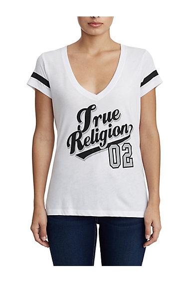 Women's Tr Script College Deep V Tee | White | Size Xx Small | True Religion