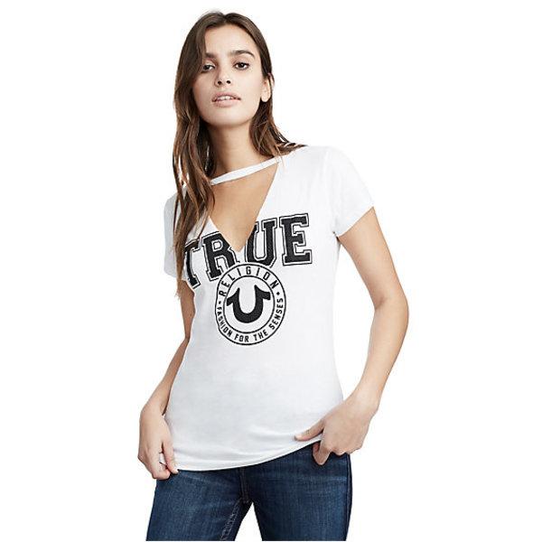 Women's Tr Crest Cut Out V Tee | White | Size X Small | True Religion
