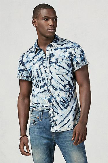 True Religion Tie-dye Bleached Mens Shirt - Navy