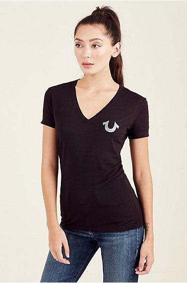 Womens Glitter Rose And Buddha Tee | Black | Size Medium | True Religion