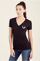 Womens Glitter Rose And Buddha Tee | Black | Size Medium | True Religion
