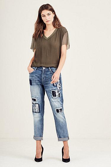 Cameron Boyfriend Jacquard Patch Womens Jean | Immortal Blue | Size 24 | True Religion