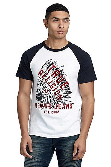 Men's Tomahawk Chief Raglan Shirt Tee | White/black | Size Small | True Religion