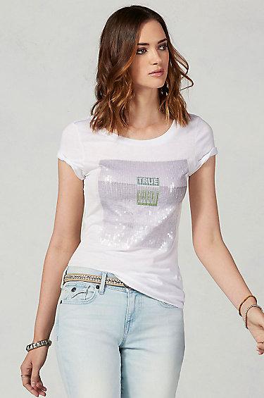 True Religion Waves Slim Sequin Tee - White