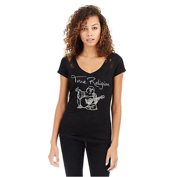 Crystal Buddha Panel Rounded V Neck Womens Tee | Black | Size Small | True Religion