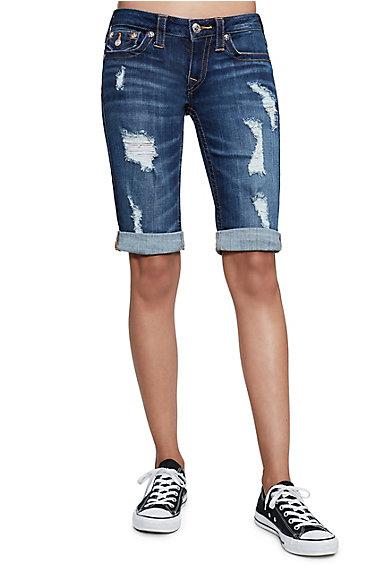 Women's Distressed Folded Bermuda Short | Midnight Destroyed | Size 26 | True Religion