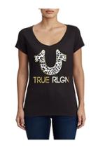 Women's Leopard Horseshoe Rounded V Tee | Black | Size Xx Small | True Religion