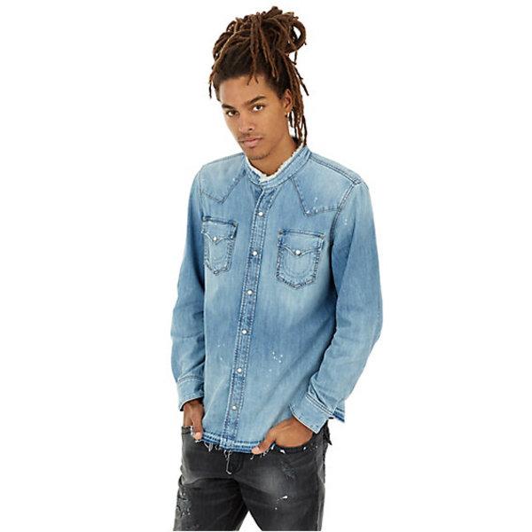 Mens Raw Edge Western Denim Shirt | Space Blues | Size Medium | True Religion
