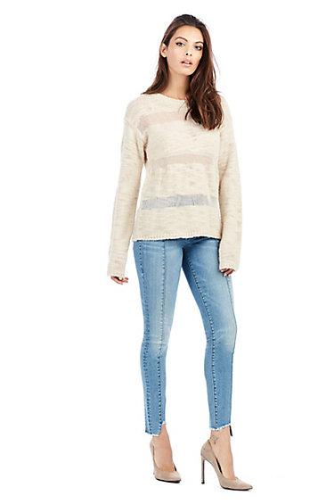 Sheer Stripe Knit Womens Sweater | Scuffed Beige | Size X Small | True Religion